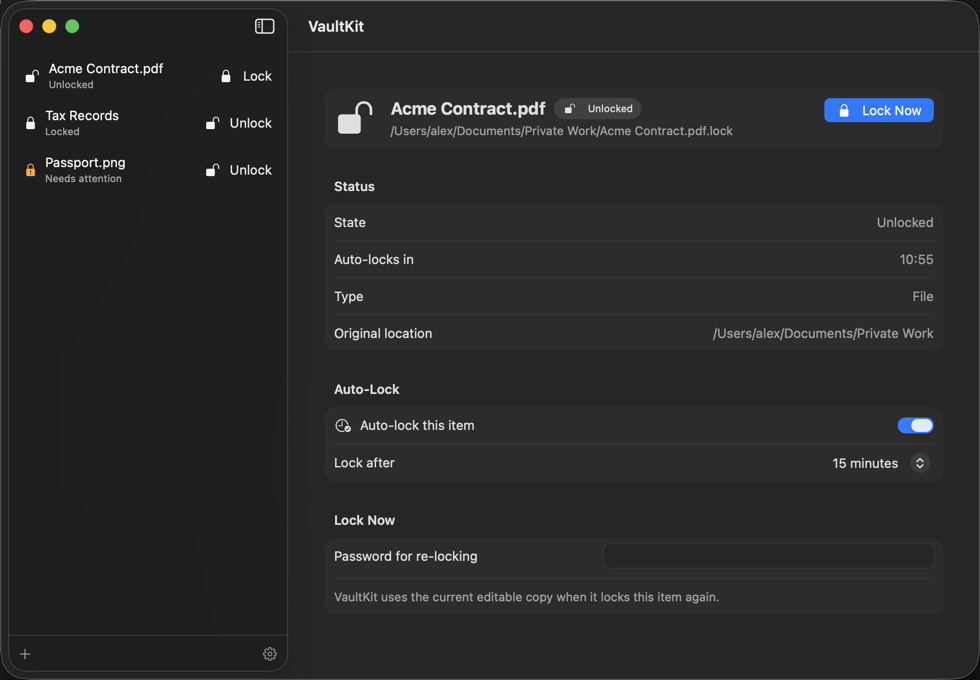 VaultKit showing protected files with locked and unlocked states